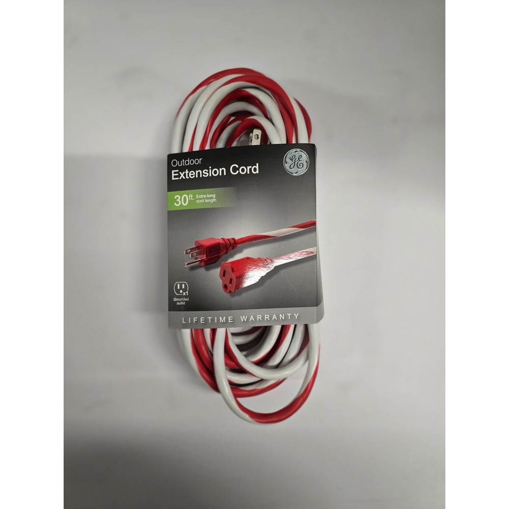 GE Outdoor Extension Cord 30ft Red White Striped 16AWG 13A Grounded 84145 NEW